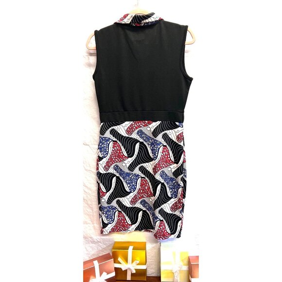 INF Designs Print Dress w Collar Small Cotton & Polyester Red/Black/Blue Sleevel - Picture 2 of 3